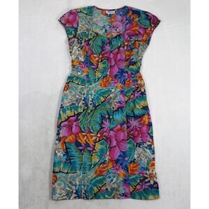 Vintage 90s Fame Multi-Color Dress Womens Medium Short Sleeve Button Front Chrty